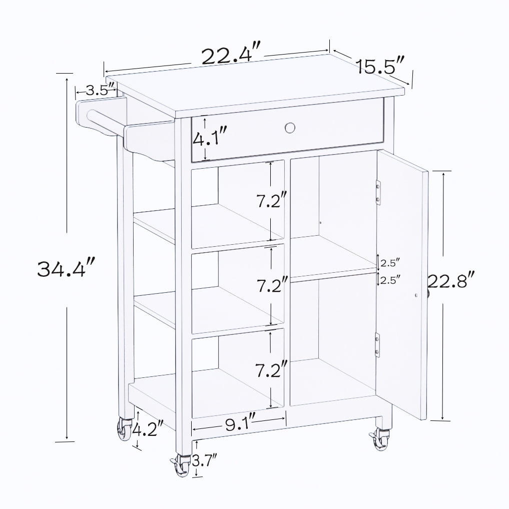 Royard Oaktree Mobile Kitchen Island on Wheels with Drawer, Shelves, Towel Rack & Wood Top, White