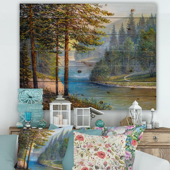 Designart 'Sunrise Glow Through The Pine & Fir Forest' Lake House Print on Natural Pine Wood