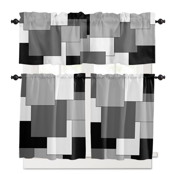 Grey Black White Abstract Kitchen Curtains and Valances Set, 3 Piece Kitchen Curtains Set 24 Inch Length, Art Modern Rod Pocket Curtains Tier Farmhouse Window Curtains