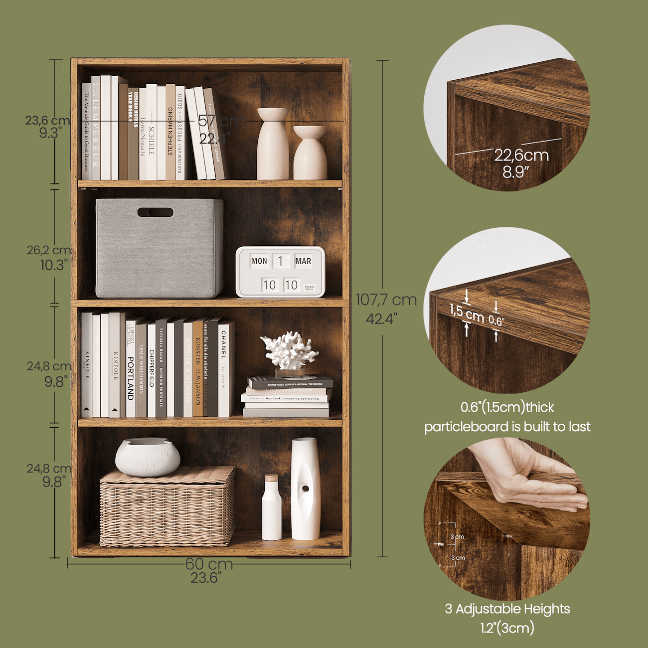 LEDREM 4-Tier Adjustable Bookcase, Open Bookshelf, Storage Shelf Organizer, 22lb Capacity per Shelf, for Home, Office, Rustic Brown