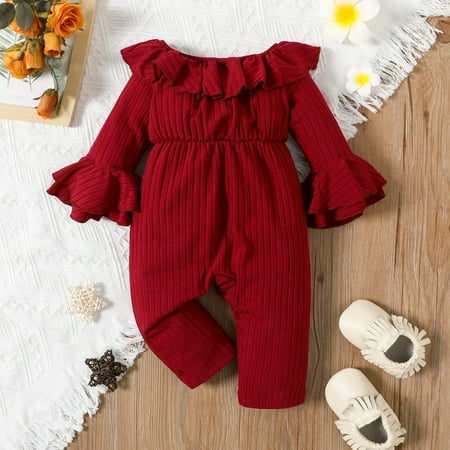 

PatPat Baby Girls Ribbed Off Shoulder Ruffle Bell Sleeve Jumpsuit Newborn Infant Girl Ruffle Long Romper Flare Hem Onesie Bodysuit Solid Color Birthday Outfits Playwear 0-18 Month Red