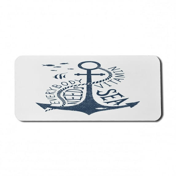 Anchor Computer Mouse Pad, Hand Drawn Everybody Needs Vitamin Sea Words Monochrome Fish Silhouette, Rectangle Non-Slip Rubber Mousepad X-Large, 35" x 15", Dark Blue and White, by Ambesonne
