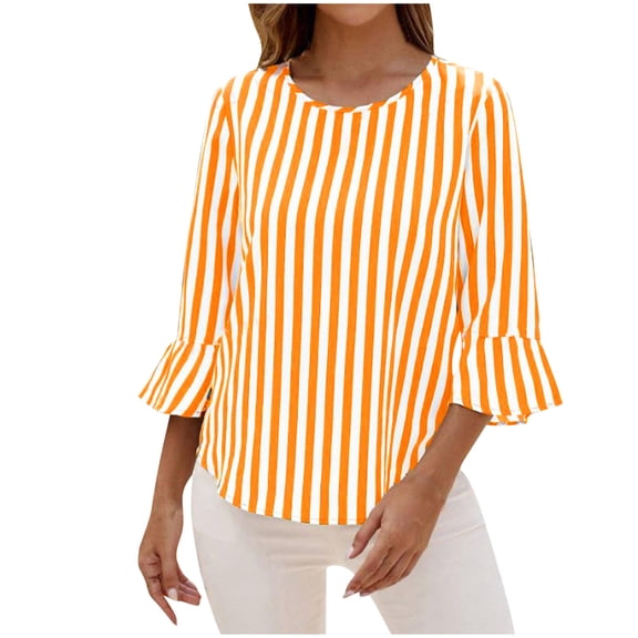 Lenpel Blouse for Women Spring Summer 3/4 Ruffle Sleeve Crew Neck Striped Loose Tunic Tops Dressy Casual T-Shirts
