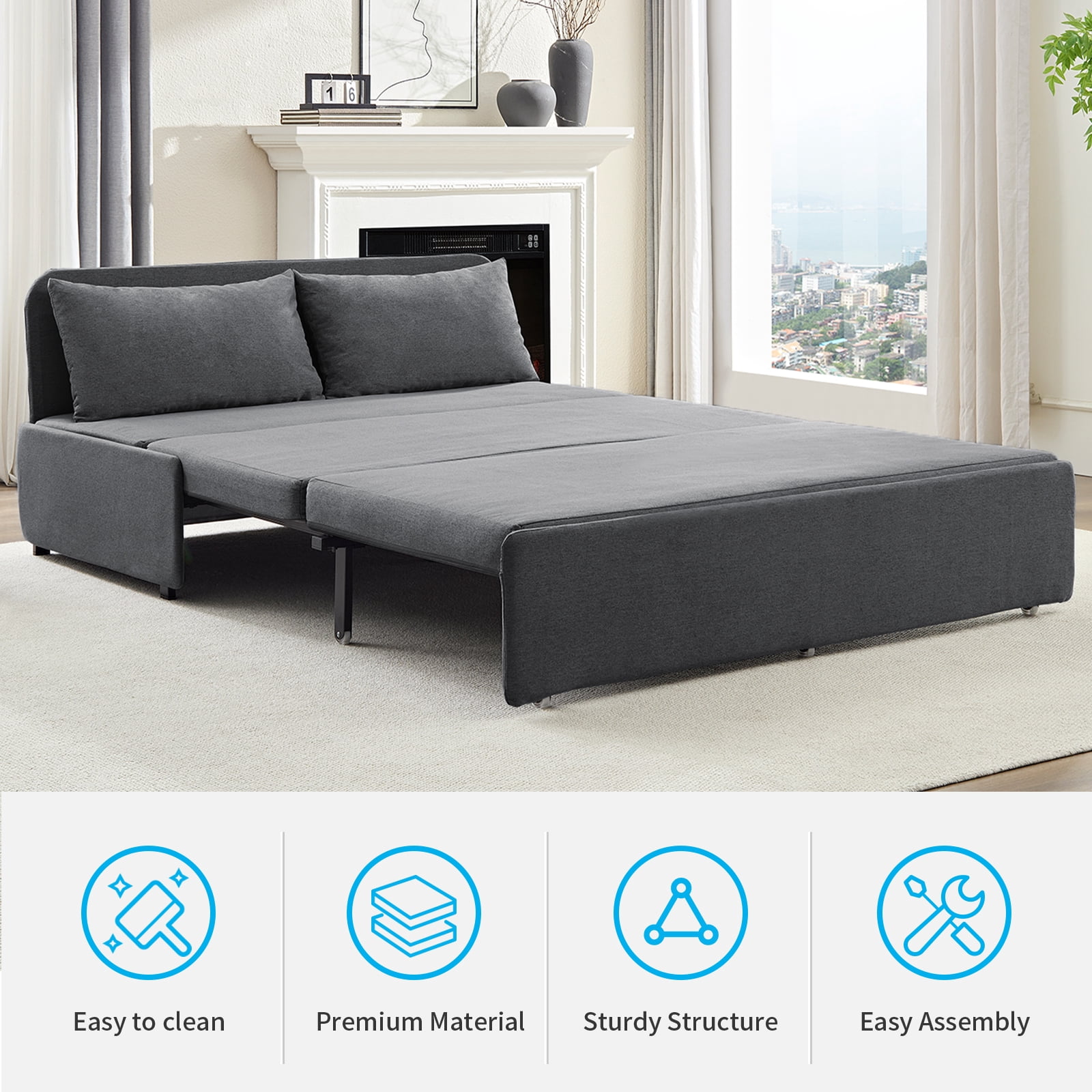 BALUS 62" Linen Queen Size Pull Out Sofa Bed, Convertible Loveseat Sleeper Sofa with 2 Pillows and Foldable Mattress, Dark Gray