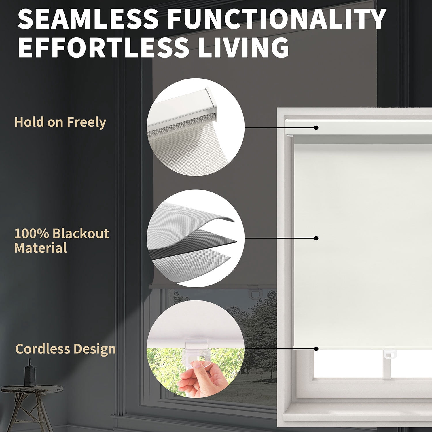 Amgo Customized Free-Stop Cordless Blackout Roller Shades – Thermal-Insulated Easy Install Window Blinds for Home, Bedroom, Office & Door (Light Beige, 82'' W x 72'' H)