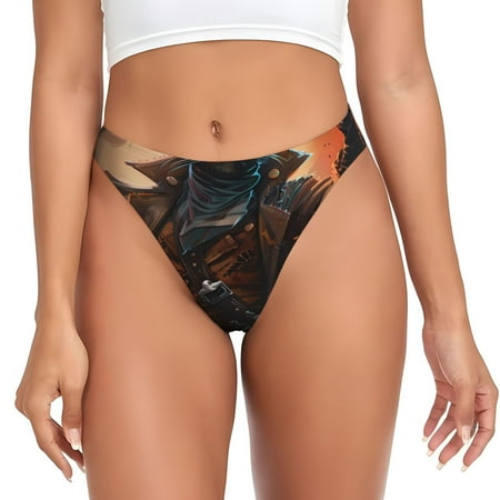 Qokaie Steampunk Cowboy Cat Printed Women s Cotton Thong Underwear  Sexy Breathable Panties G-string-4X-Large