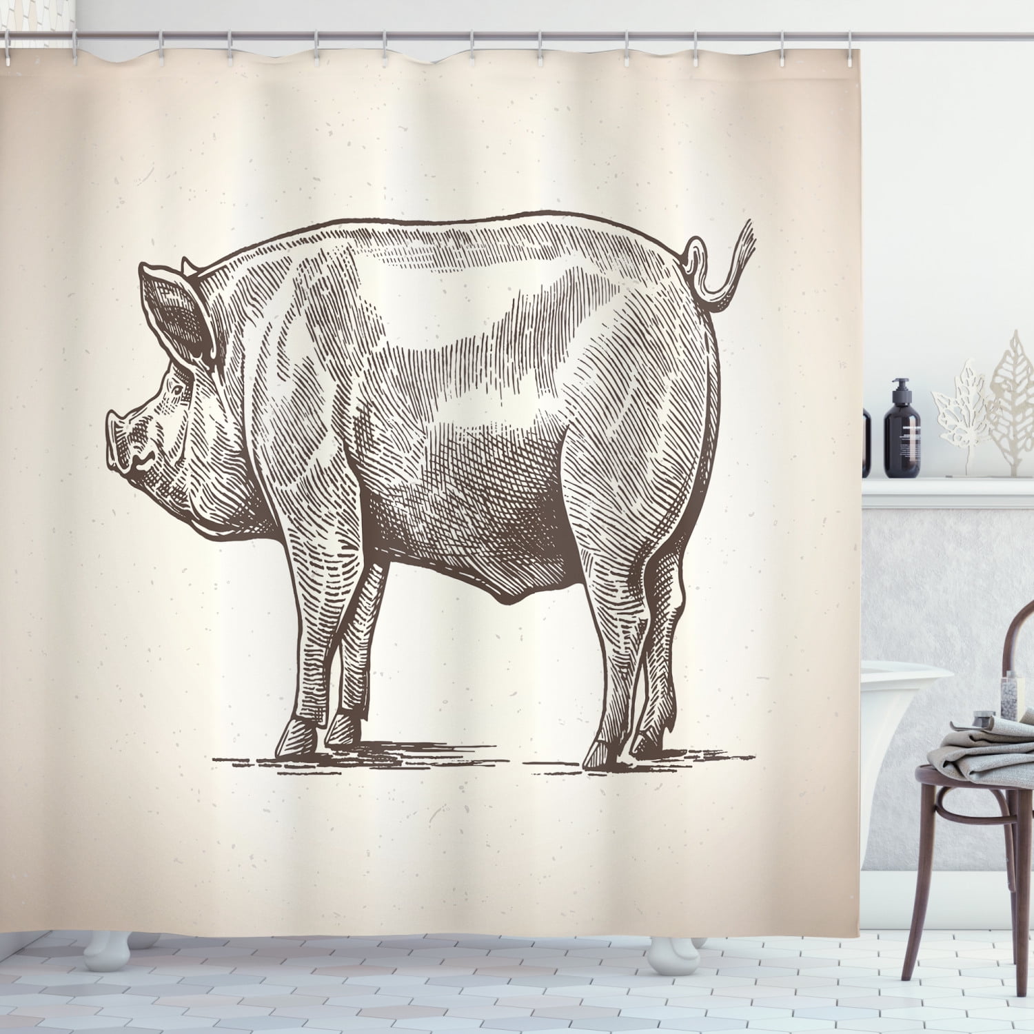 Pig Shower Curtain, Vintage HandDrawn Illustration of Pig Rural Ranch