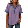 thumbnail image 5 of Womens Denim Patchwork Office Shirts Collared Buttons Decor Summer Tops Splicing V Neck Casual T-Shirt Light Purple M, 5 of 5
