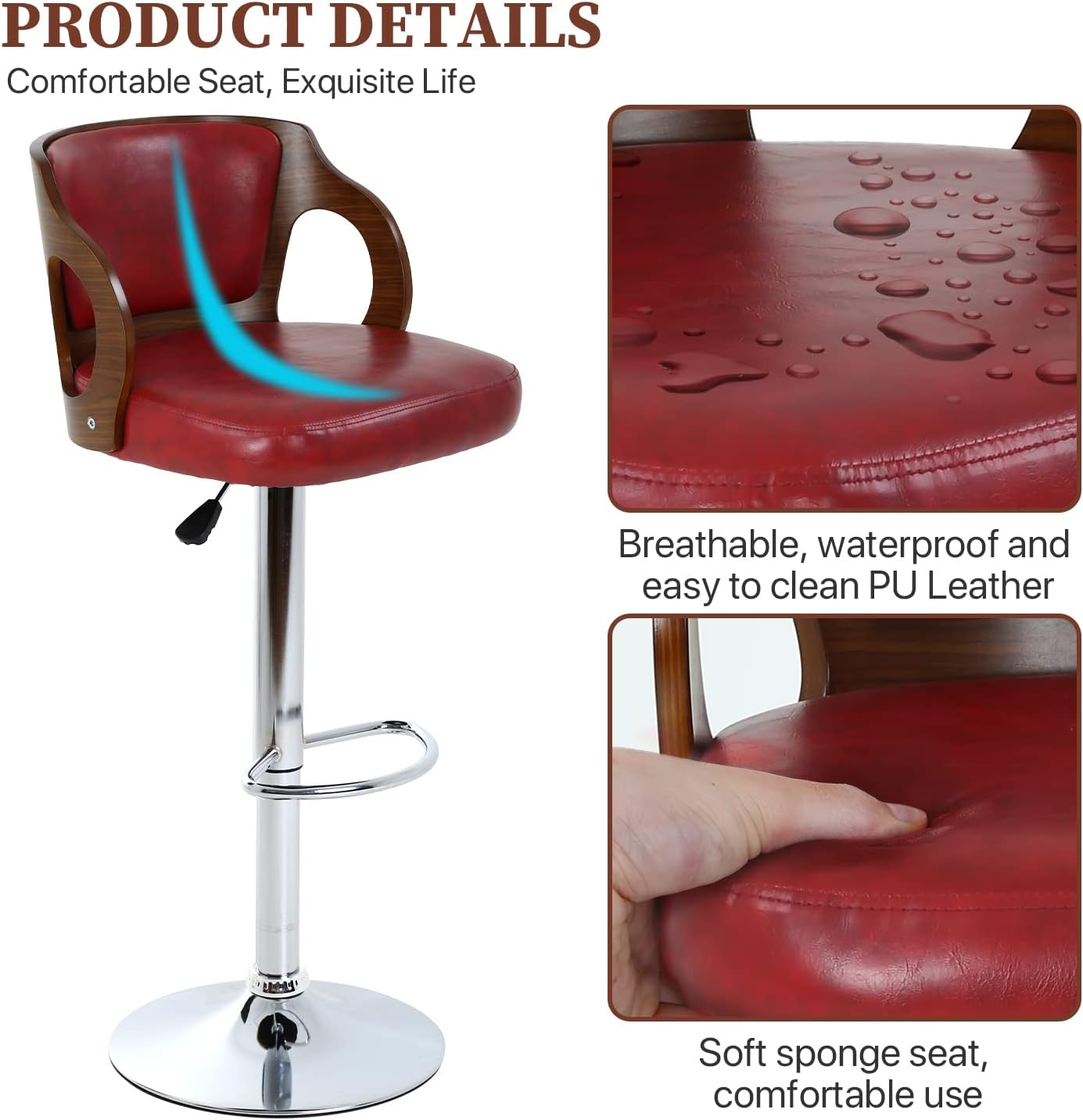 Dkelincs Bar Stools Set of 2, Adjustable Counter Height Stool Swivel Kitchen Dining Chairs with Backrest & Arms, Red