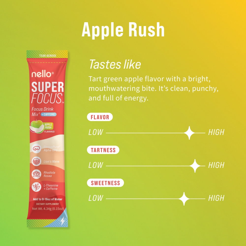 Nello SuperFocus Focus Drink Mix – Fruit Punch Flavor – Alpha GPC, Lion’s Mane, Rhodiola & N-Acetyl L-Tyrosine – Sugar-Free, On-the-Go Packets – 20 Travel Packets -Apple Rush + Caffeine