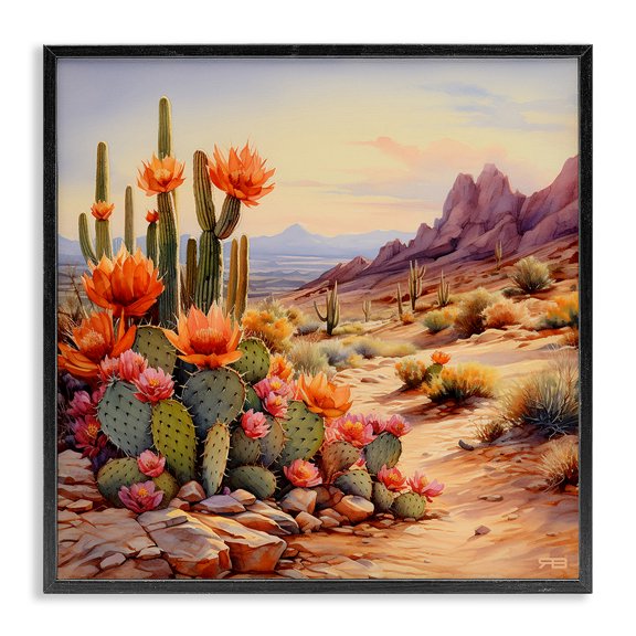 Stupell Industries Traditional Cactus Flower Landscape Black Framed Giclee Art, 12 x 12, by RB