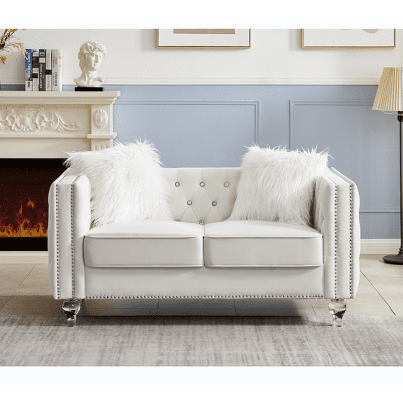 Modern Velvet Upholstered Loveseat Sofa with 2 Plush Pillows, Leisure 2-Seater Couch with Crystal Feet and Buckle, Lounge Sofa for Living Room, Bedroom, Office, Apartment, Beige