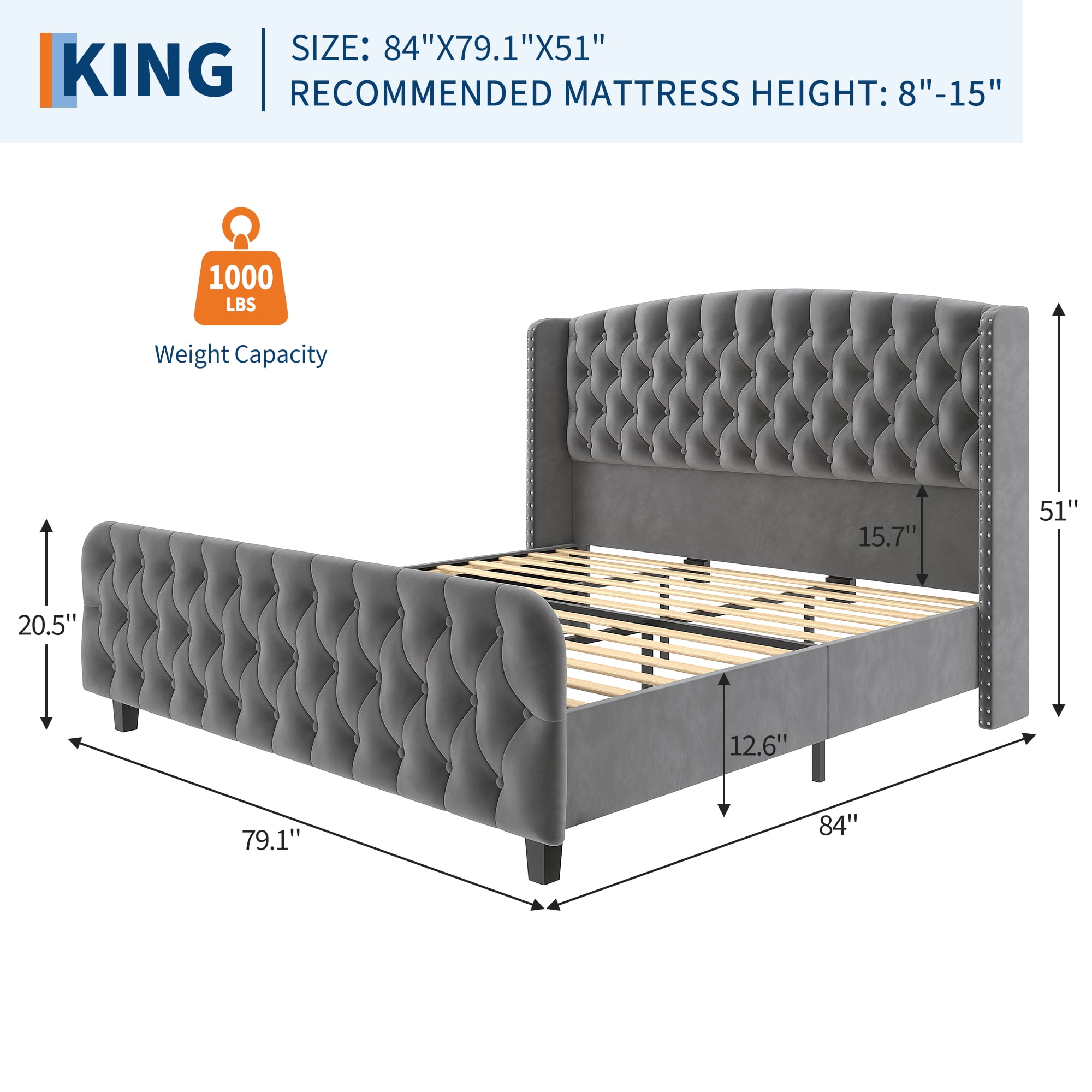 51'' Tall Deep Button Tufted Wingback Headboard King Bed Frame – Upholstered Platform, Noise-Free Strong Wood Slat Support, No Box Season Needed, Easy Assembly – Modern Bedroom Furniture