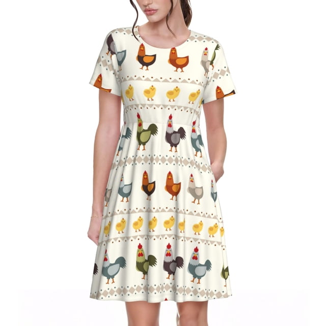 Bixox Robe d'Été à Manches Courtes pour Femmes Robe Ample Longueur Genou avec Poches-Dunny Chicken