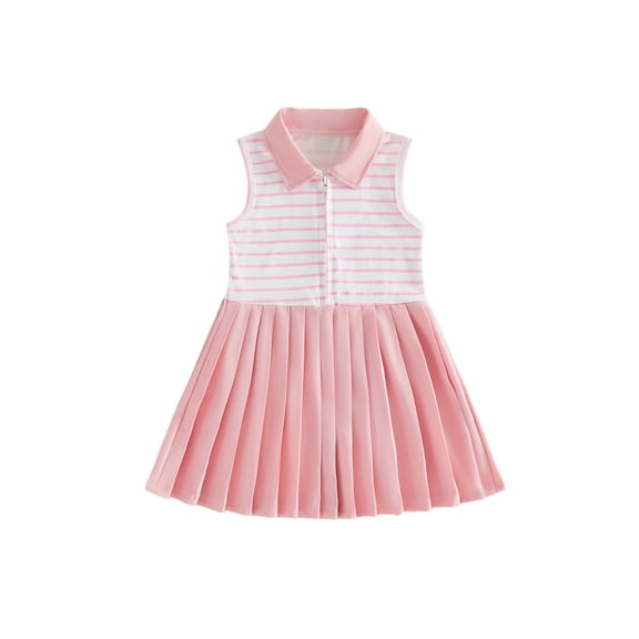 Cenuakty Toddler 6M-4T Girls Summer Collared Dress Fashionable Stripe Patchwork Sleeveless Pleated Hem Dress
