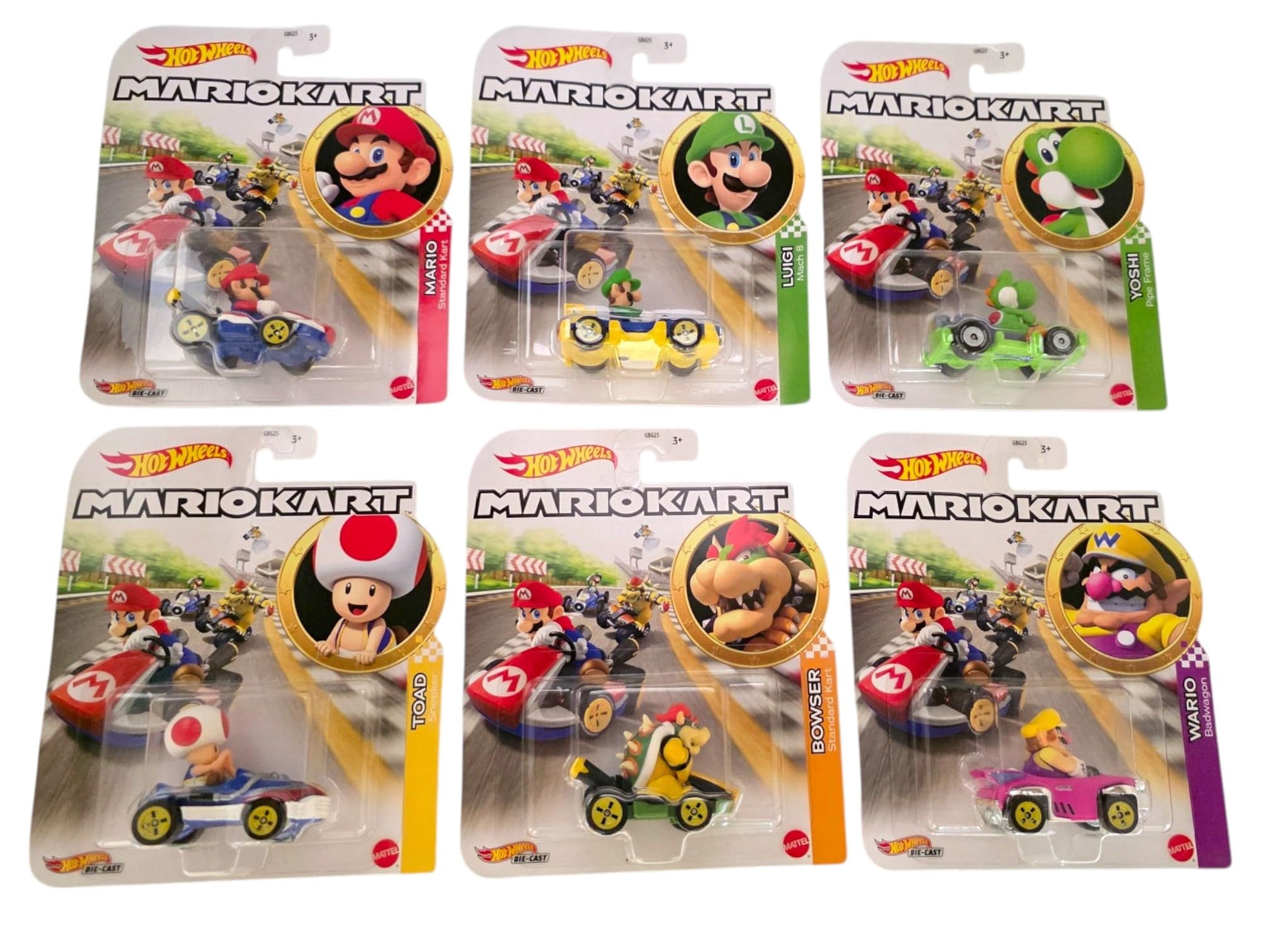 Hot Wheels Mario Kart Die-Cast Character Cars Collection, 6-Pack Set with Mario, Luigi, Yoshi, Toad, Bowser, Wario GBG25-957G