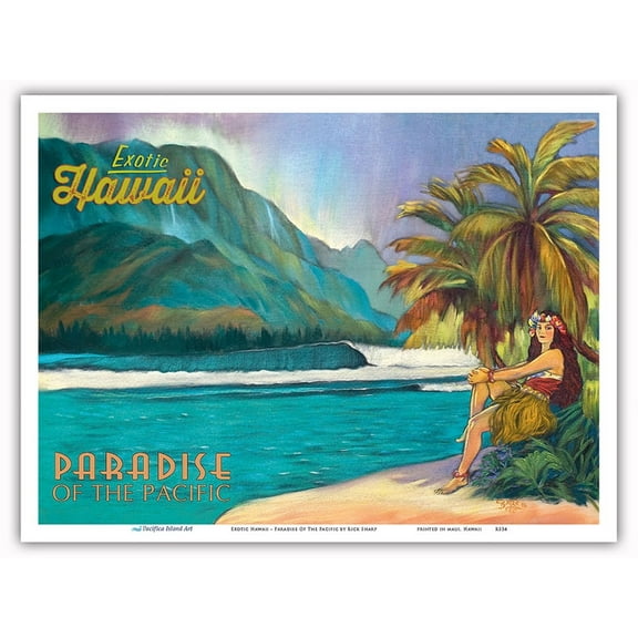 Exotic Hawaii - Paradise of the Pacific - Hawaiian Hula Dancer - Vintage Hawaiian Travel Poster by Rick Sharp - Master Art Print (Unframed) 9in x 12in