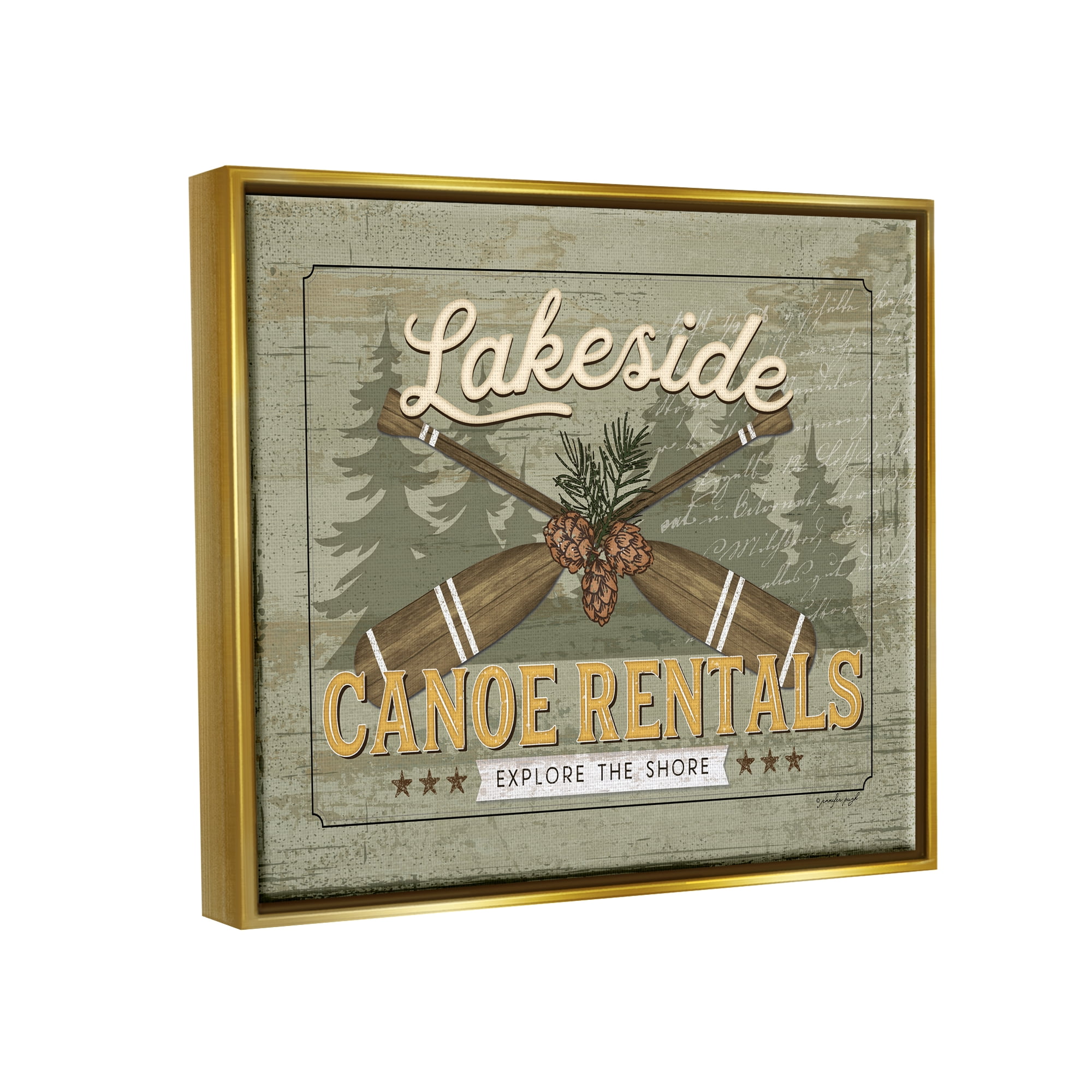 Stupell Lakeside Canoe Rentals Vintage Rustic Landscape Painting Gold Floater Framed Art Print Wall Art
