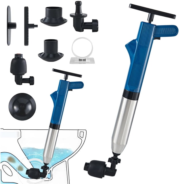 Toilet Plunger Set with Real Time Barometer - High Pressure Drain Clog Remover for Bathroom, Kitchen, Shower Pipe, Blue, 1 Set