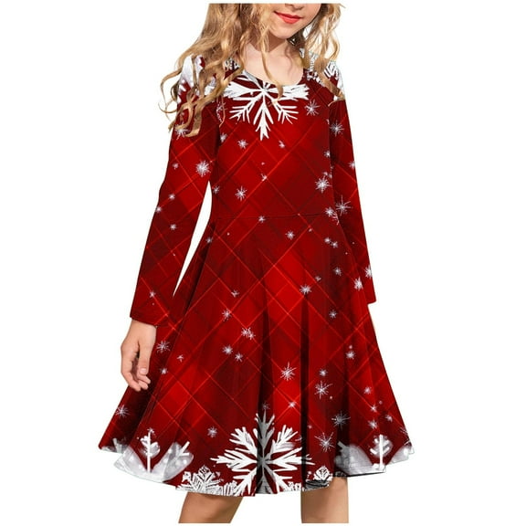 Gpaecead Girls Long Sleeve Dresses Christmas Stretch A-line Toddler Casual Swing Ballet Dress 9 Years Red