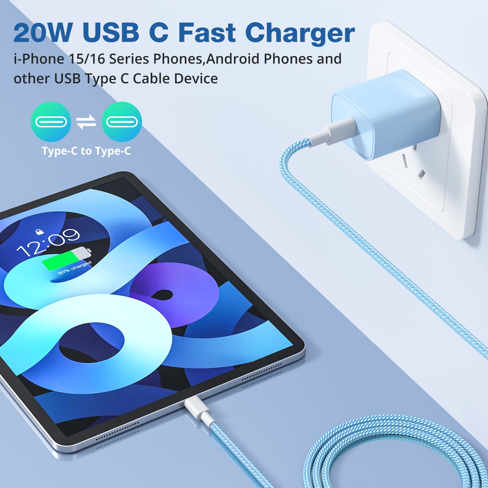 Phone Charger Fast Charging Type C Charger USB C Charger Block 3Pack 6FT Charging Cable for Phone Fast Charger Compatible with i-Phone 16/16 Plus/16 Pro/16 Pro Max/i-Phone 15/15 Pro Max/iPad and More