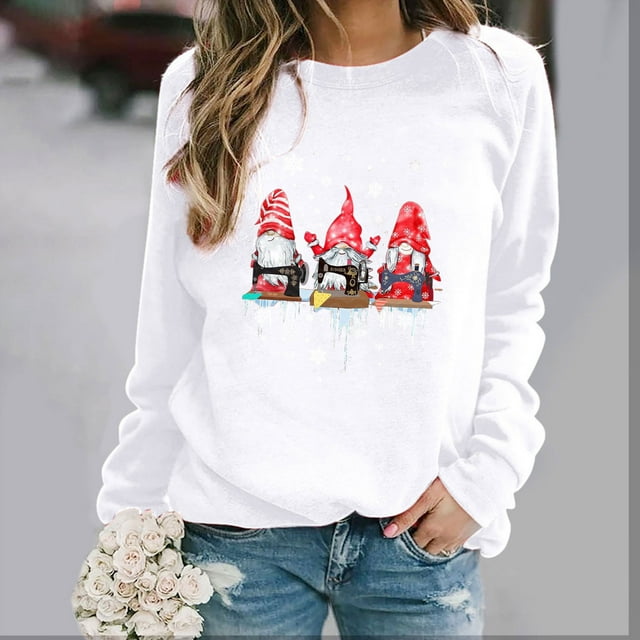 EGNMCR Chandail en Molleton de Noël Mode Femme Ample Imprimé de Noël Col Rond