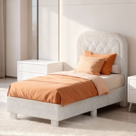 Ktaxon Twin Size Bed Frame, Upholstered Platform Bed, High Wooden Slat Support, Beige