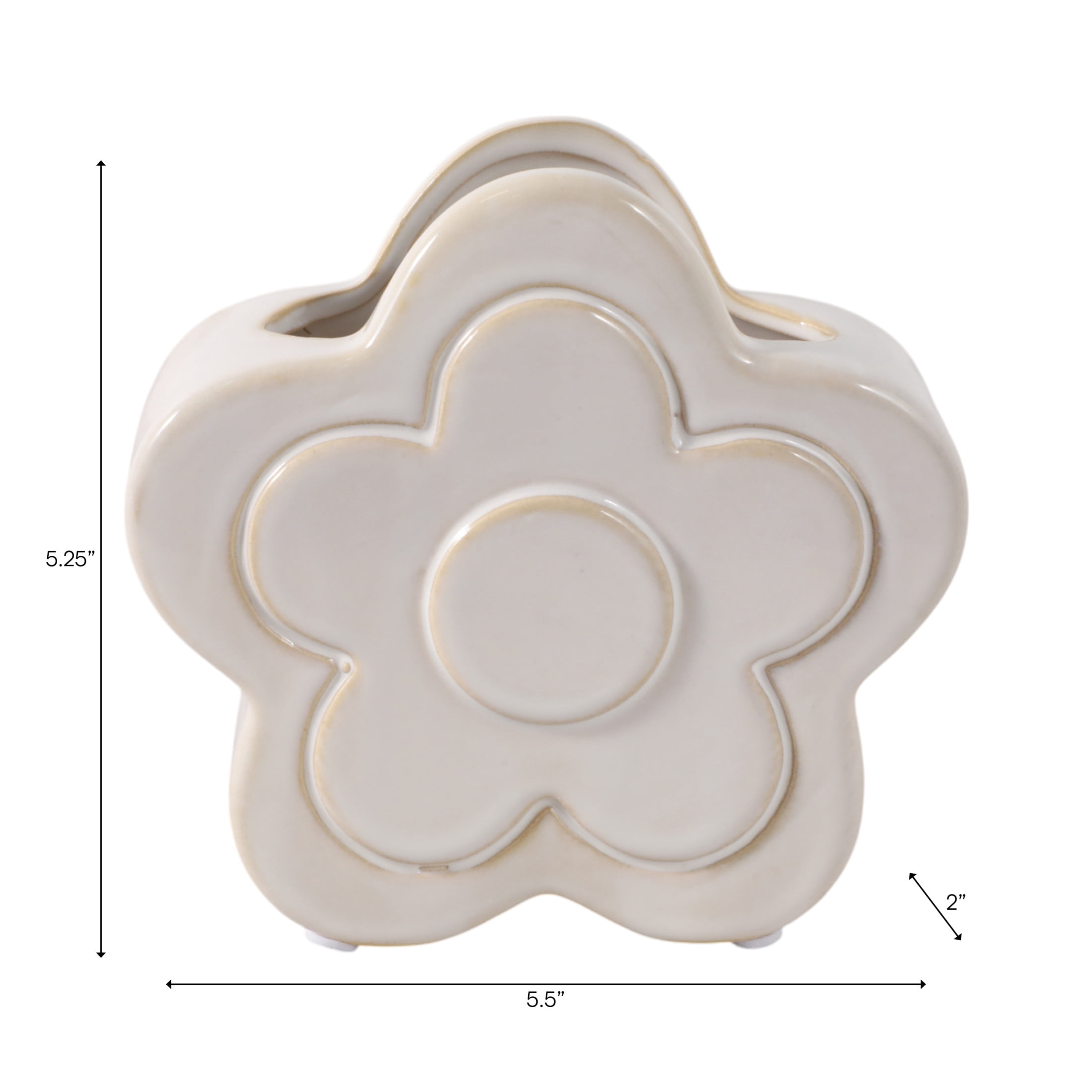 Decorative Ceramic Flower Shape Desktop Organizer for Home Decor - Small Desk Organizer for Office, Workspaces, or Storage - Stylish Office Accessory Decor for Bedroom or Bathroom - 6", Ivory & White
