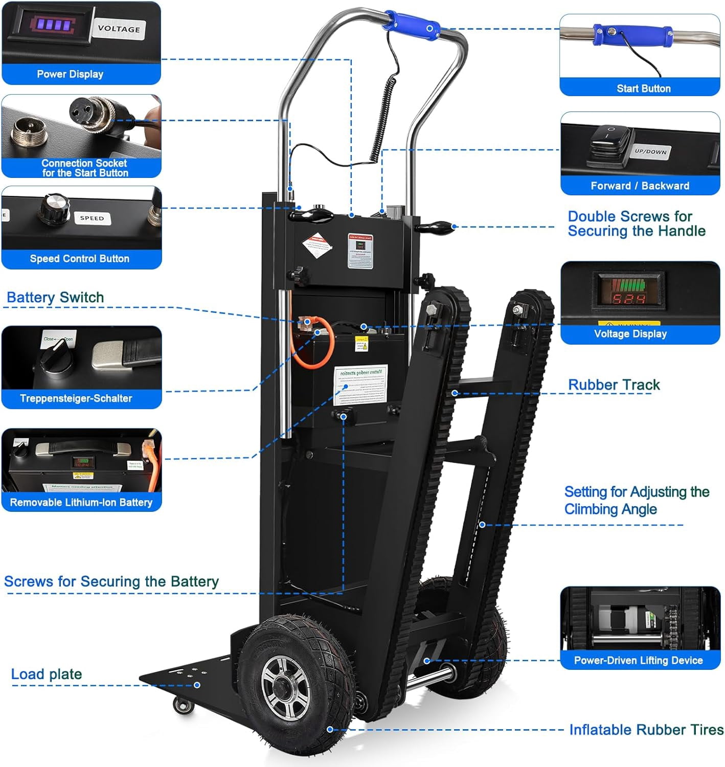 Esheno Electric Stair Climbing Hand Truck 900 lb Capacity 1250W Motor Heavy Duty Stair Climber for Furniture Logistics black