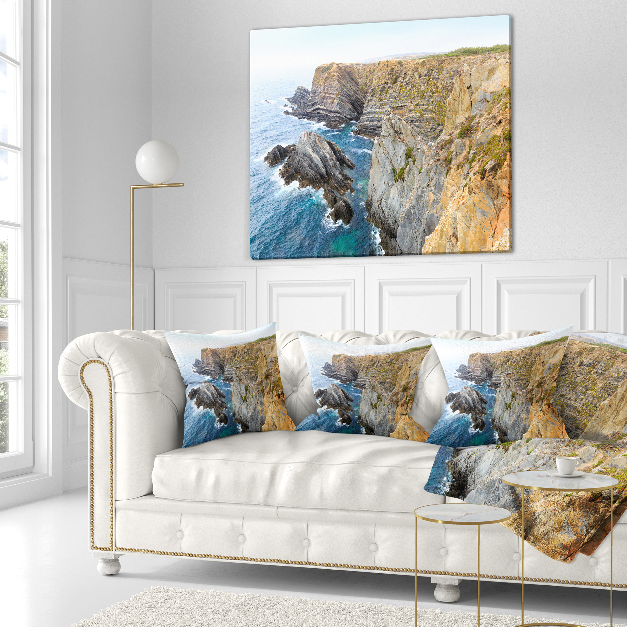 Designart Blue Rocky Bay Portugal Panorama - Seashore Throw Pillow - 16x16