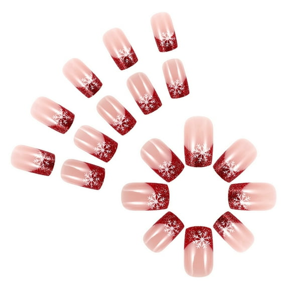 Christmas Press on Nails Short Square False Nails Snowflakes Nails Embellishments On Nails Winter Nails Art 24Pcs