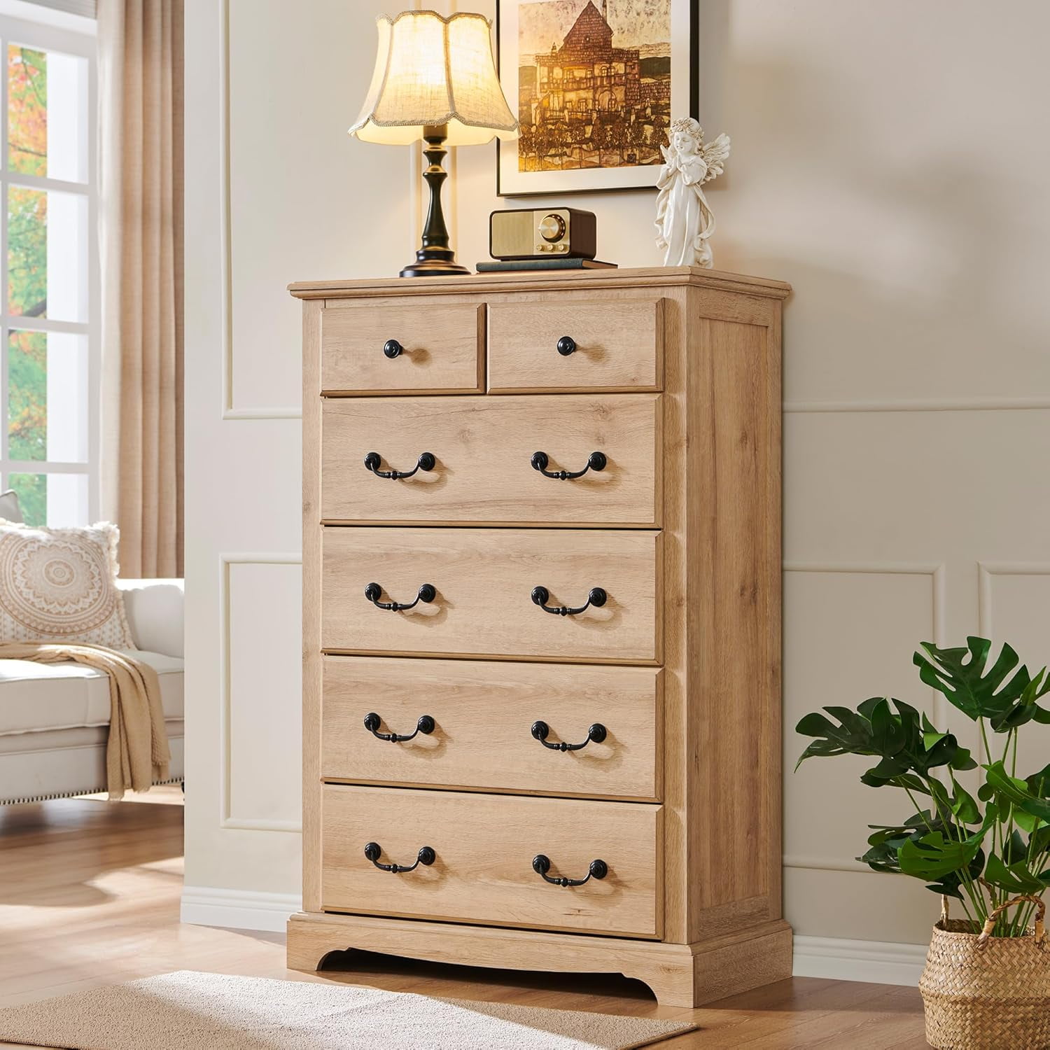 OKD 48" Tall 6 Drawers Dresser for Bedroom, Farmhouse Wooden Chest of Drawers, Closet Clothes Storage Organizer for Bedroom, Living Room, Natural Oak