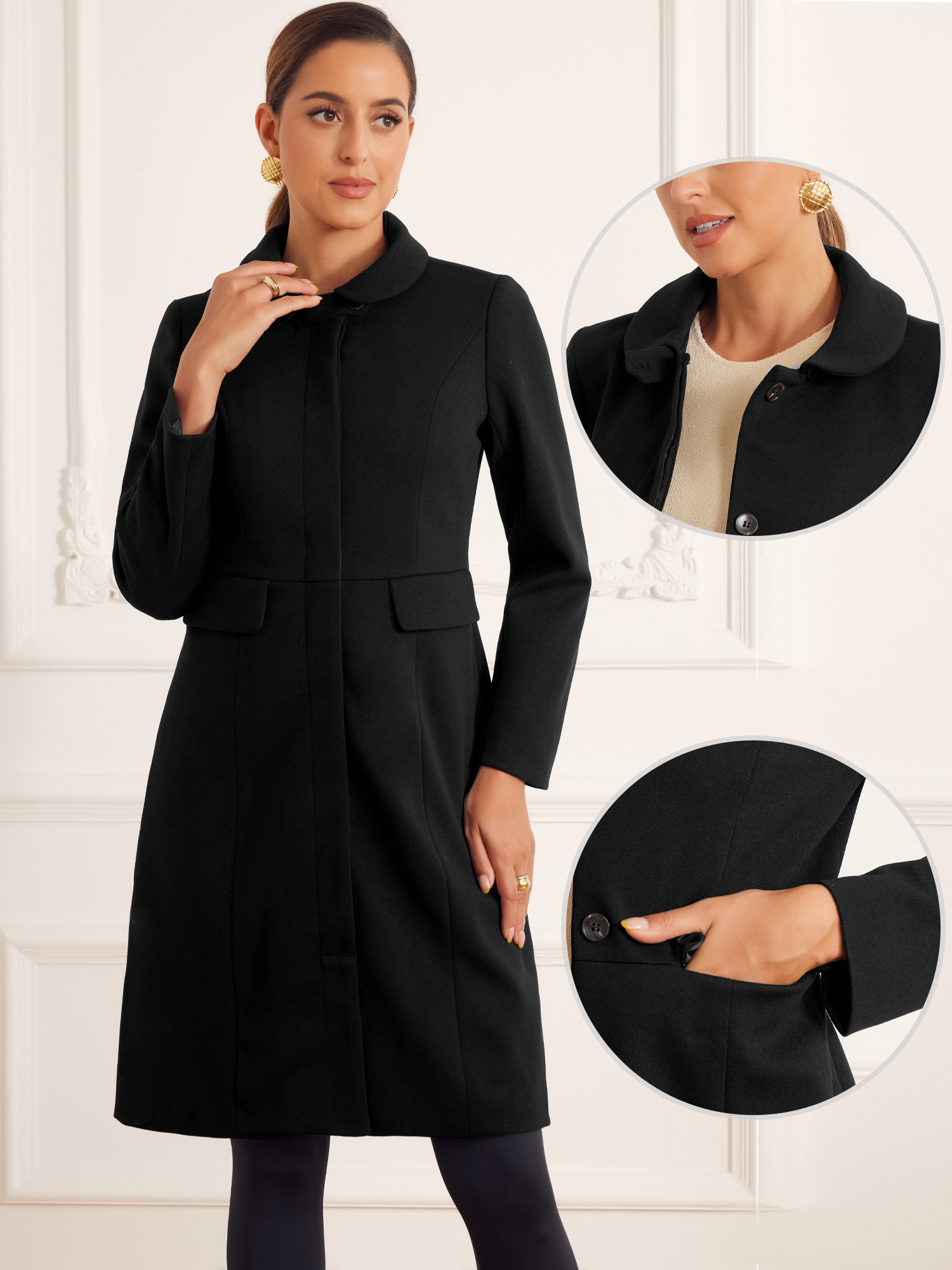 DARING DIVA Women's Winter Trench Peter Pan Collar Single Breasted Long Pea Coat XS Black