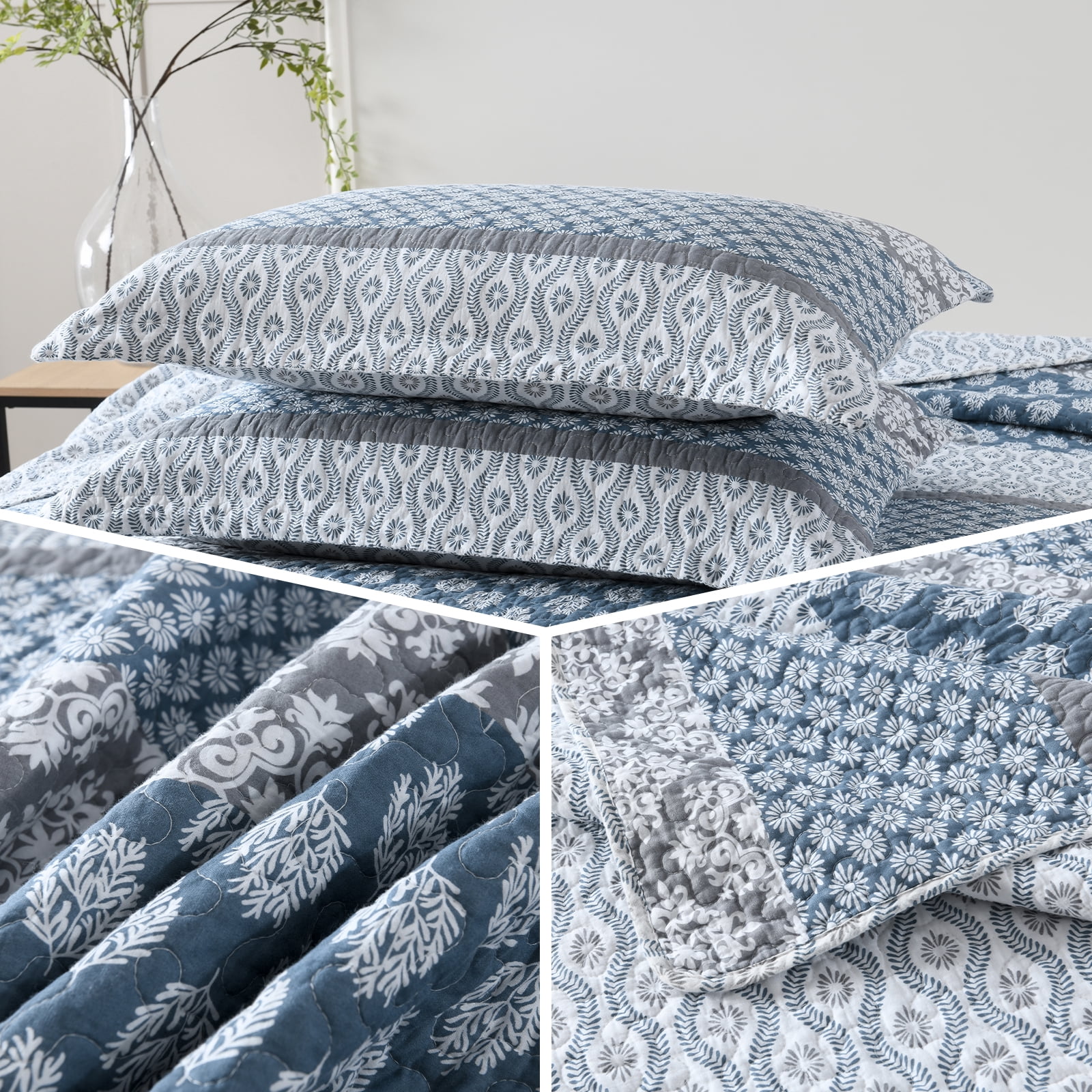 CozyDH 100% Cotton Printed Striped Floral King Quilt Set 3-Pieces, Farmhouse Reversible Lightweight Bedspread with 2 Shams, Blue