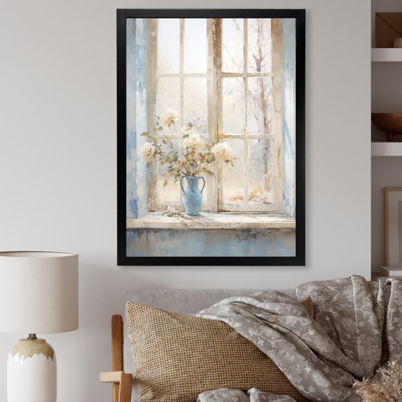Designart "Minimalist Charm of Floral Windows in Blue and White I" Farm Framed Wall Art - Country White Farm Windows Living Room Framed Canvas Art