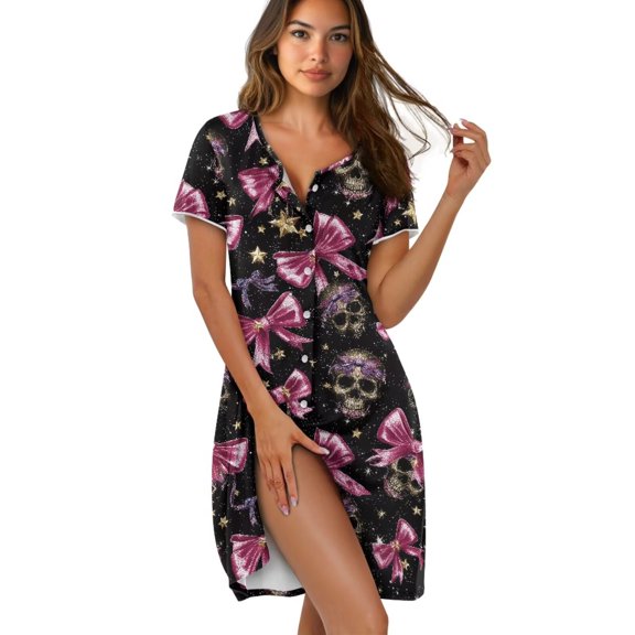 Yuyamidu Skull Bowtie Nightshirt for Women Sleepwear Short Sleeve Crew Neck Nightgown Ladies Nightdress Comfortable Breathable Night Shirts