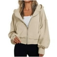 thumbnail image 2 of Dasayo Hooded Womens Hoodie Long Sleeve Full Zip up Beige Drawstring Solid Pocket Jackets Tshirts Shirts for Women M, 2 of 6