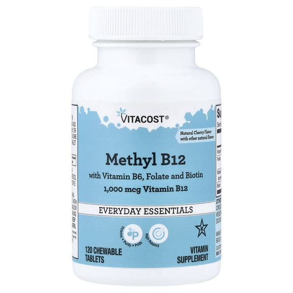 Vitacost Methyl B12 with Vitamin B6, Folate and Biotin, Natural Cherry, 120 Chewable Tablets
