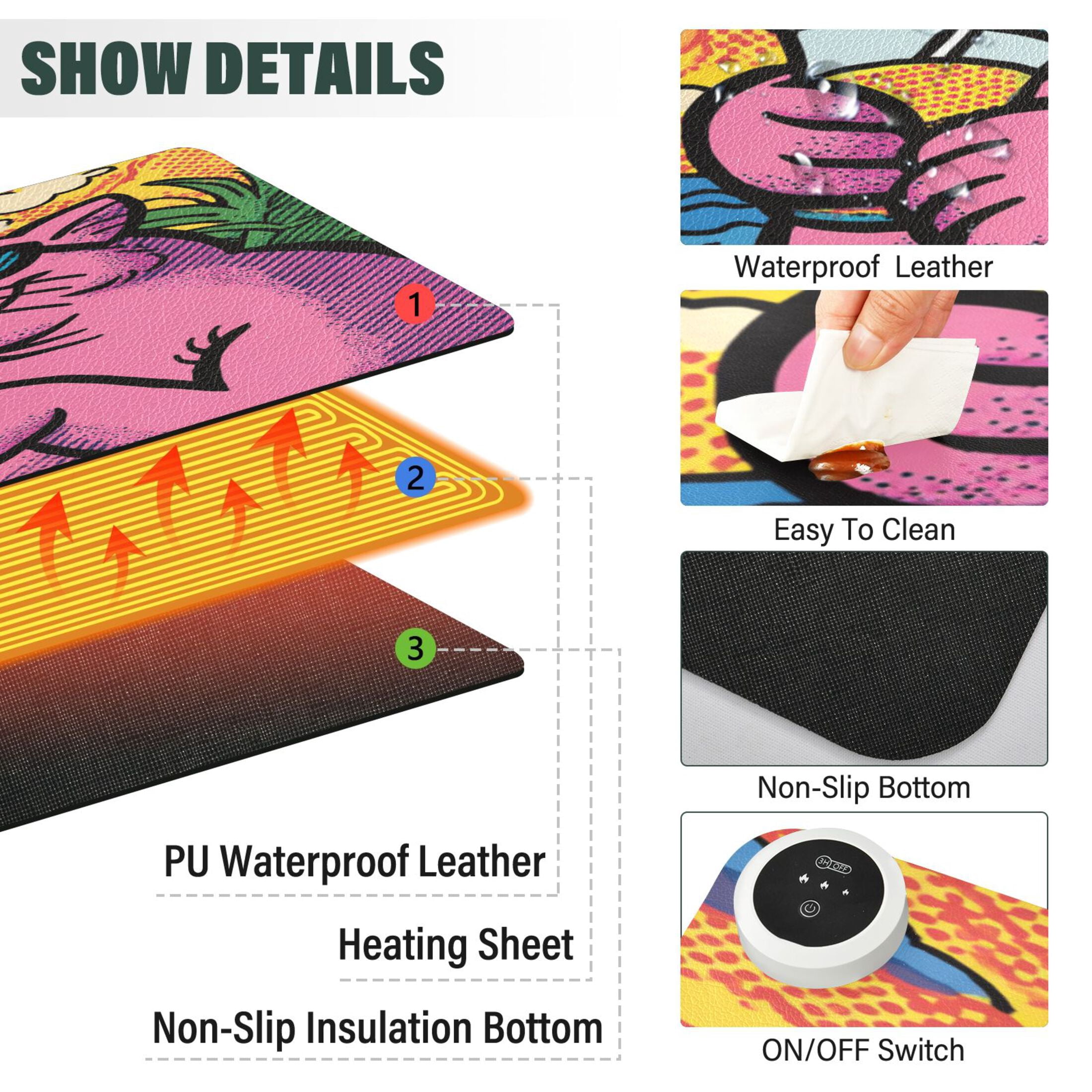Large Heated Desk Mat Mouse Pad 31.5"x13"PU Leather Graphene Heating Desk Warmer with 3 Temperature Settings 110V US Plug Non-Slip Warm Pad for Home, Office, and Gaming Cartoon Cool Pink Cat