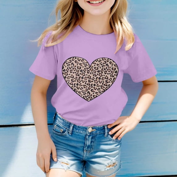 XAOFW Girl's T-Shirts Short Sleeve Crewneck Leopard Heart Printed Kids Fashionable T Shirts Daily Wear Comfort Fit Tee Shirts Holiday Party Versatile Cozy Children Tops