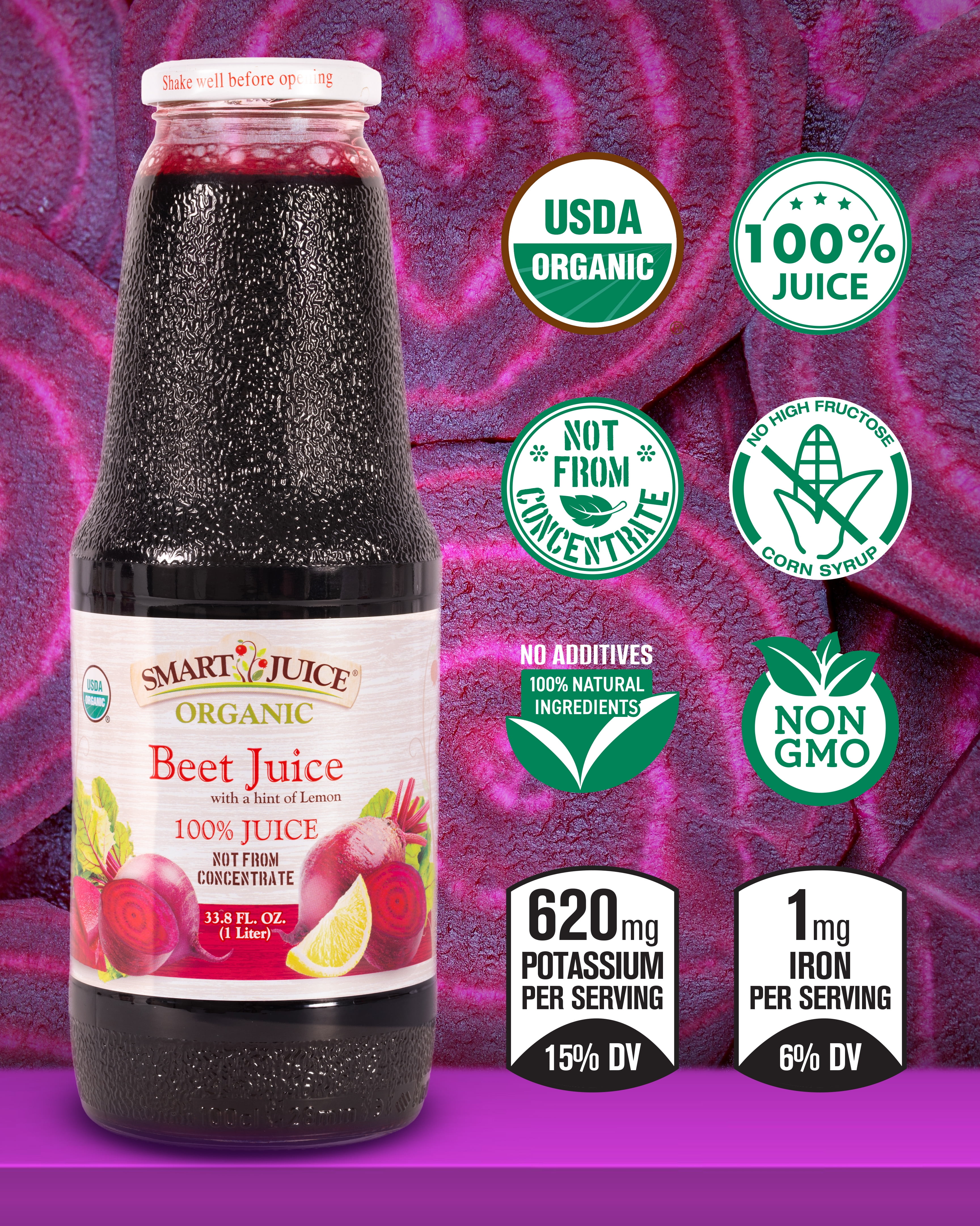 Smart Juice Organic Beet Juice - 33.8 fl oz (1L) - (Pack of 6) 100% Juice Not From Concentrate