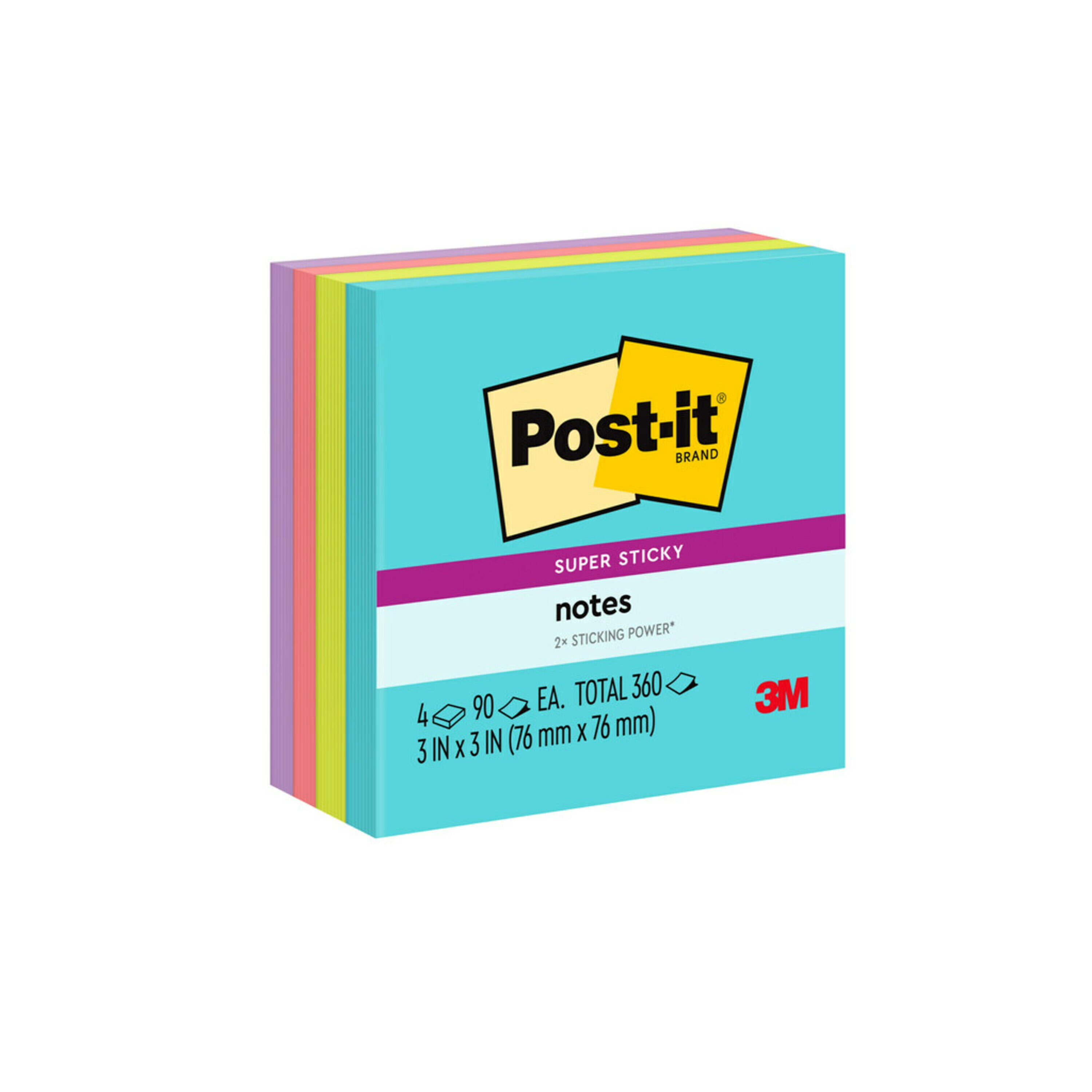 Post-it Super Sticky Notes, 3 in. x 3 in., Supernova Neons, 4 Pads