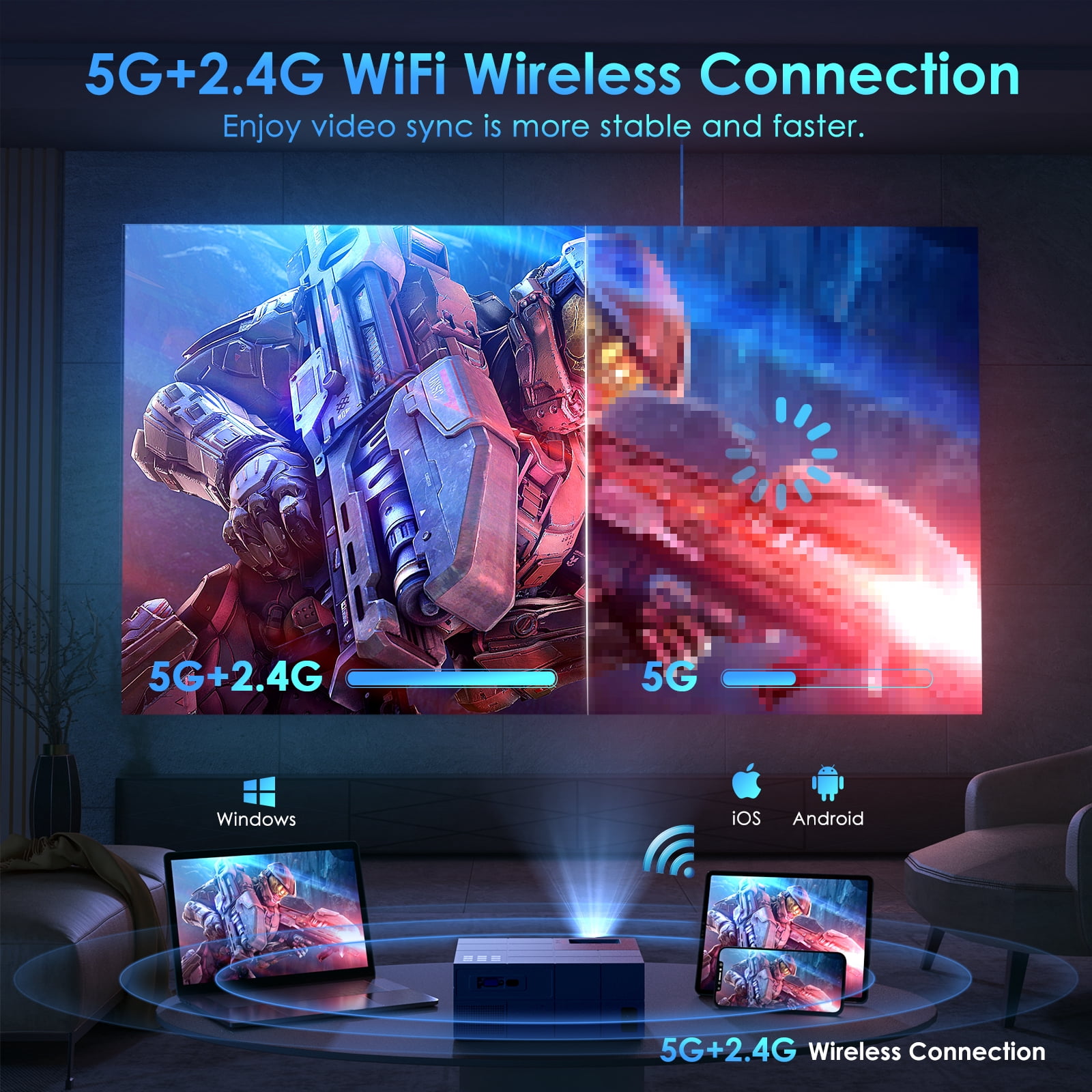 WiFi & Bluetooth 4K Projector, LCD Technology 1080P Movie Projector with 100" Screen, Sleep Timer