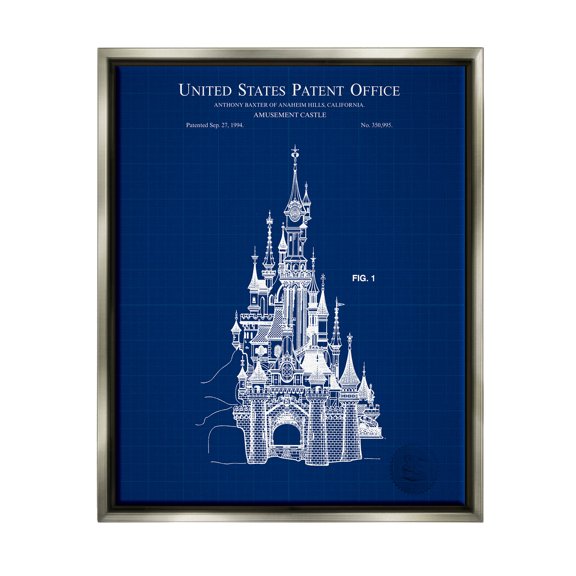 Stupell Industries Amusement Castle Blueprint Graphic Art Luster Gray Floating Framed Canvas Print Wall Art, Design by Karl Hronek