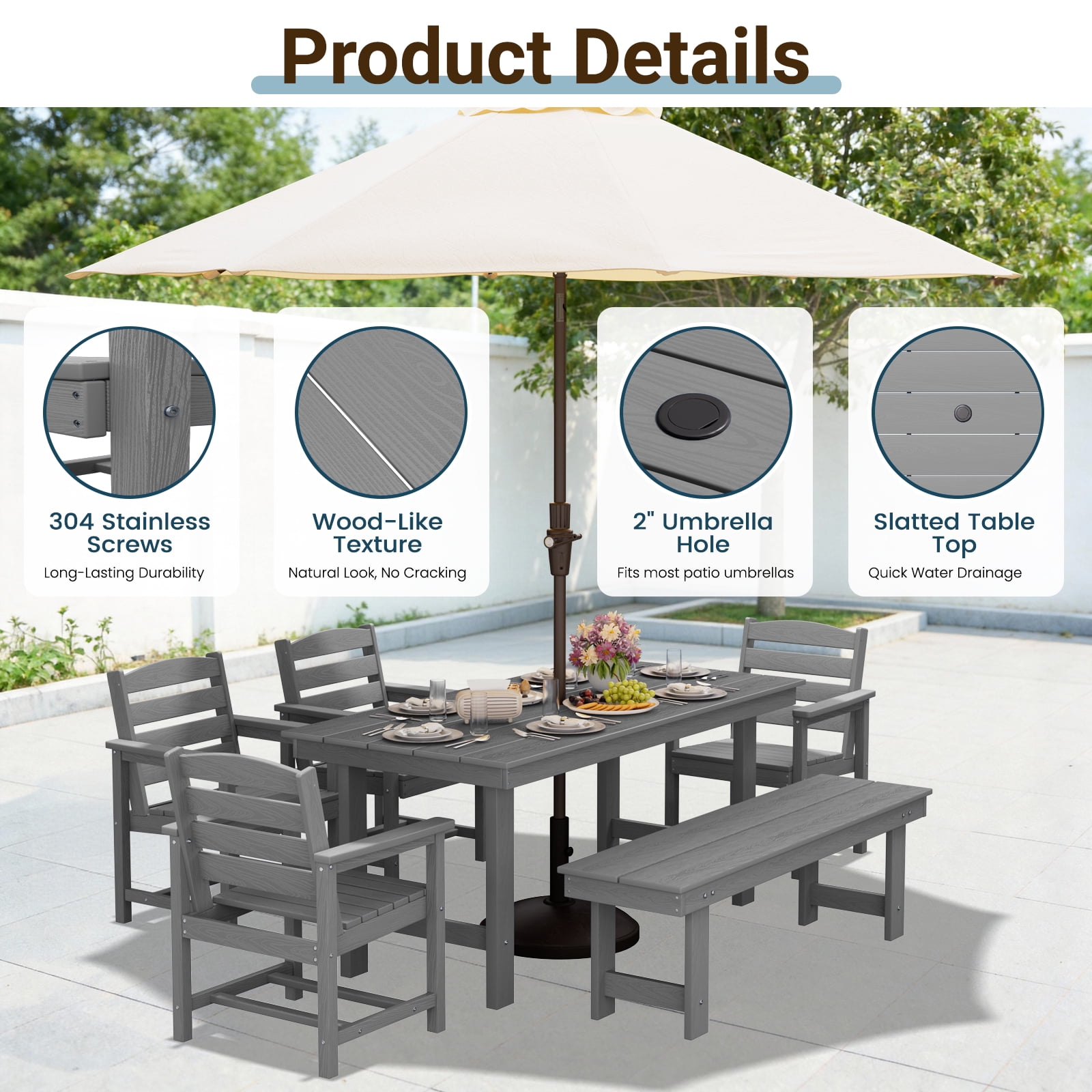 LOYALICE 6 Pieces Patio Furniture Set, HDPE Outdoor Dining Table Set with 1 Bench, 4 Chairs, Durable and Weather-Resistant for Patio, Garden and Balcony Use, Gray