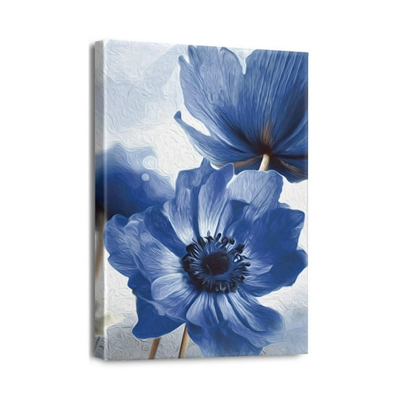 Intricate Navy Blue Floral Canvas Art - Vintage Gray Abstract Flower Painting, Quality Wall Decor for Bathroom & Bedroom, 12X16 inches