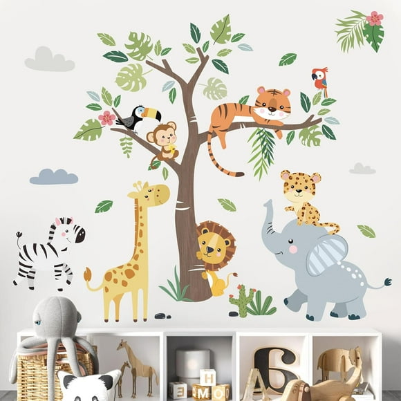 decalmile Autocollants Muraux Animaux de la Jungle Arbre Éléphant Girafe Lion Safari Autocollants Muraux Chambre Bébé Chambre d'Enfant Salon Décoration Murale