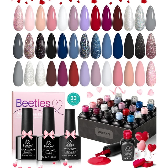 Beetles 23Pcs Gel Nail Polish Set with 3Pcs Base Matte Glossy Top Coat, Nude Gray Pink Blue Burgundy