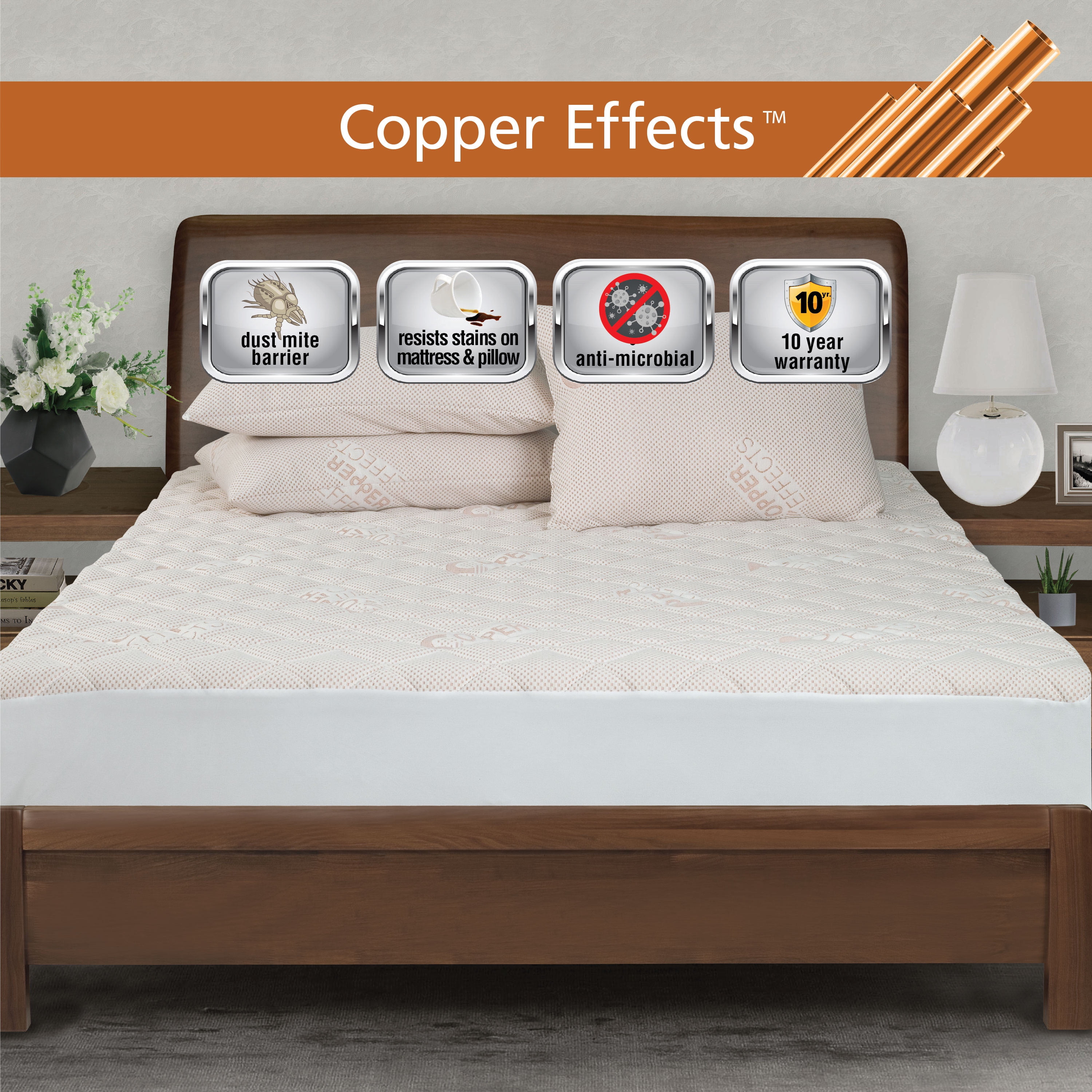 All-in-One Copper Effects Antimicrobial Fitted Mattress Pad, Queen