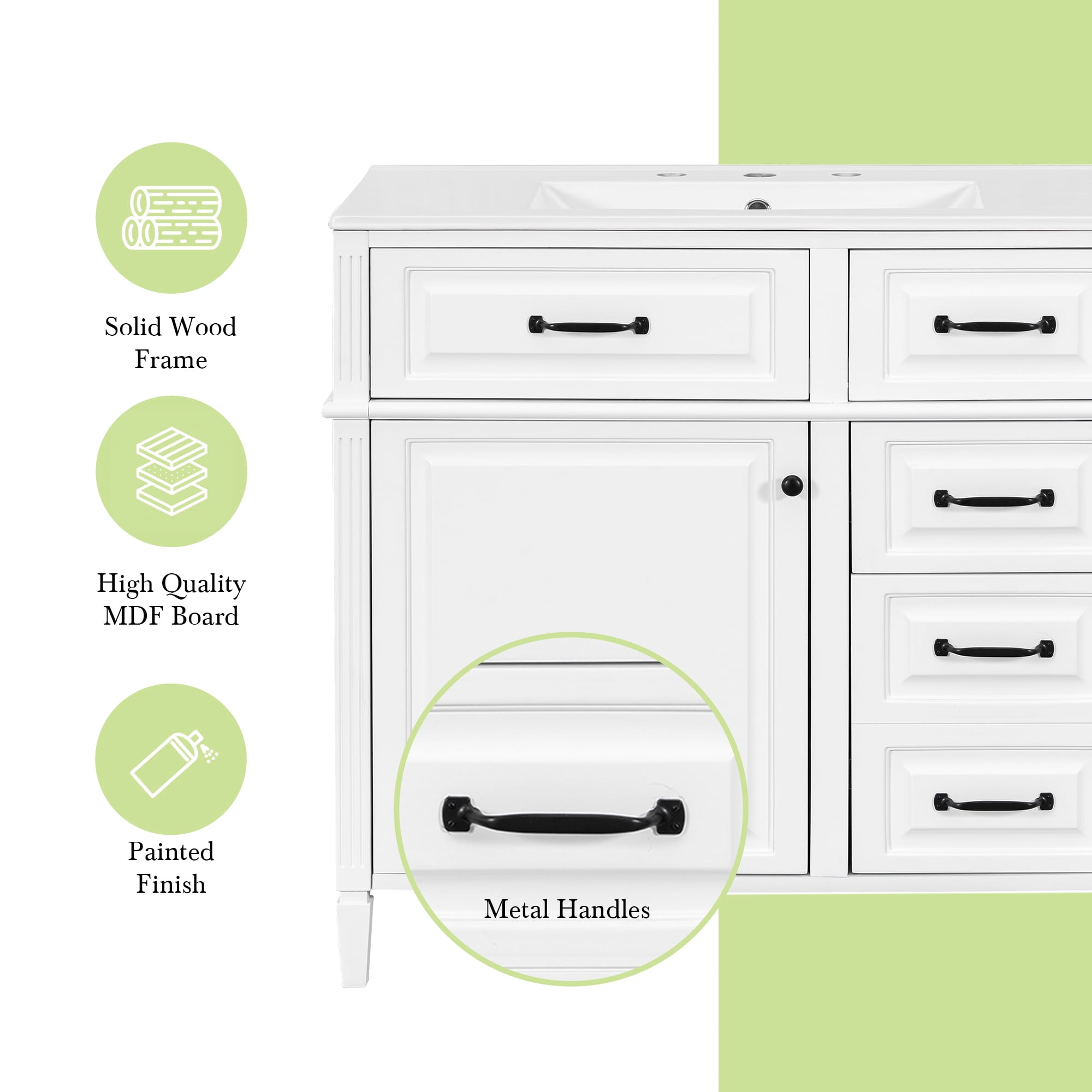 Euroco 36-Inch Bathroom Vanity with Ceramic Sink Top, Solid Wood Frame and MDF Cabinet, Flip Drawer Design with Adjustable Shelf and Metal Handles, Freestanding Bathroom Storage Cabinet